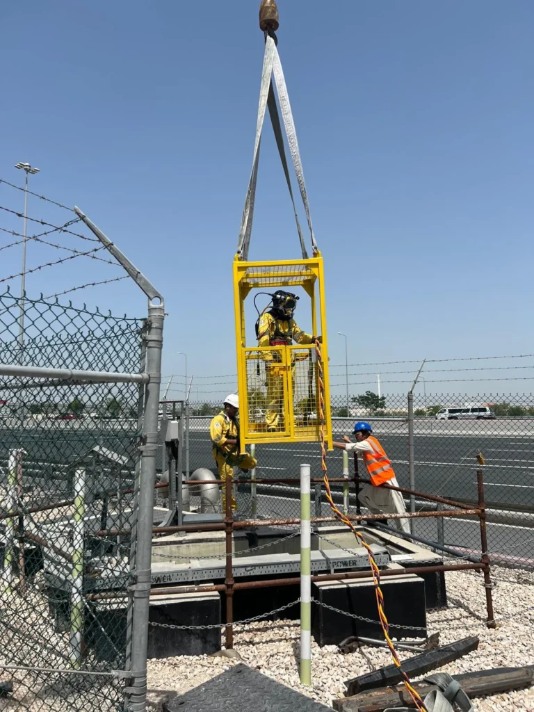 Confined-space marine maintenance works at Muntazah Road Underpass involving commercial divers, lifting cage, and removal of submersible pumping equipment.