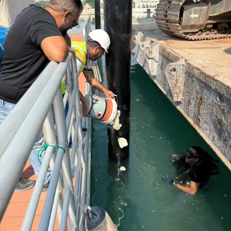 Marine piling rig operating during pipeline installation project