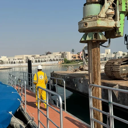 Marine piling rig operating during pipeline installation project