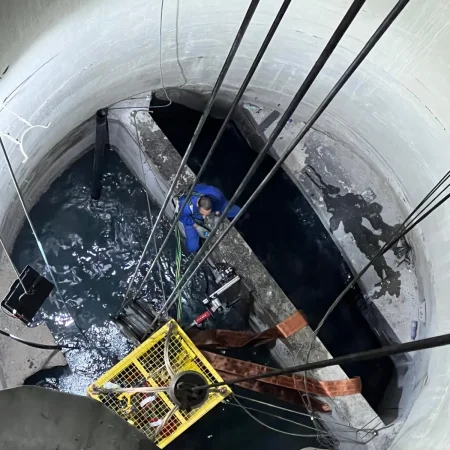 Confined-space marine maintenance works showing lifting cage, rigging systems, slab removal, and inspection activities during pipeline and MISW intervention.